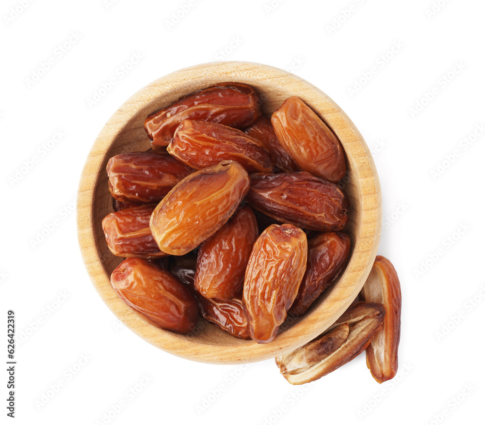 Bowl with dried dates on white background