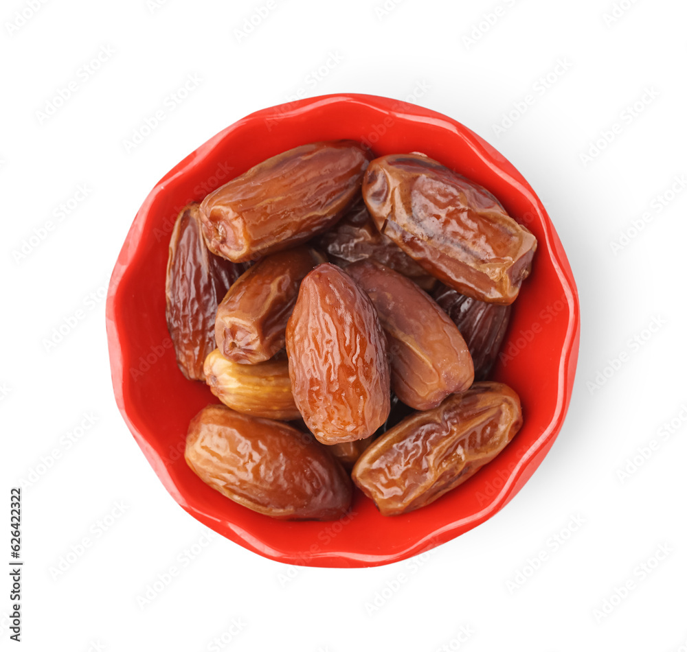 Bowl with dried dates on white background