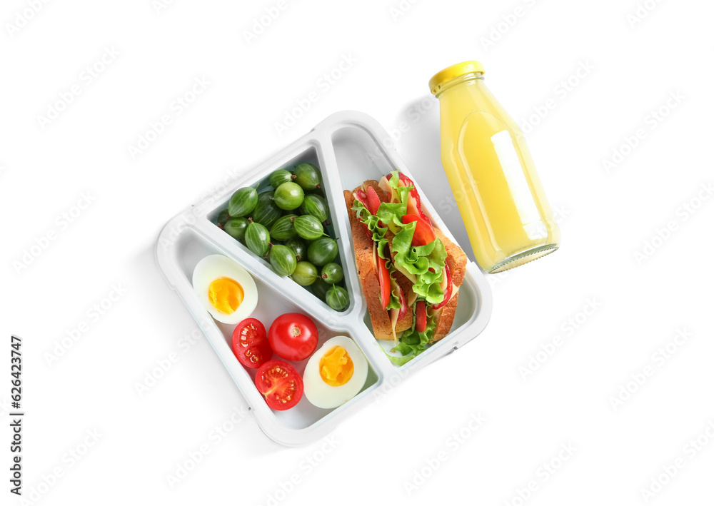 Lunchbox with yummy food and bottle of juice isolated on white background