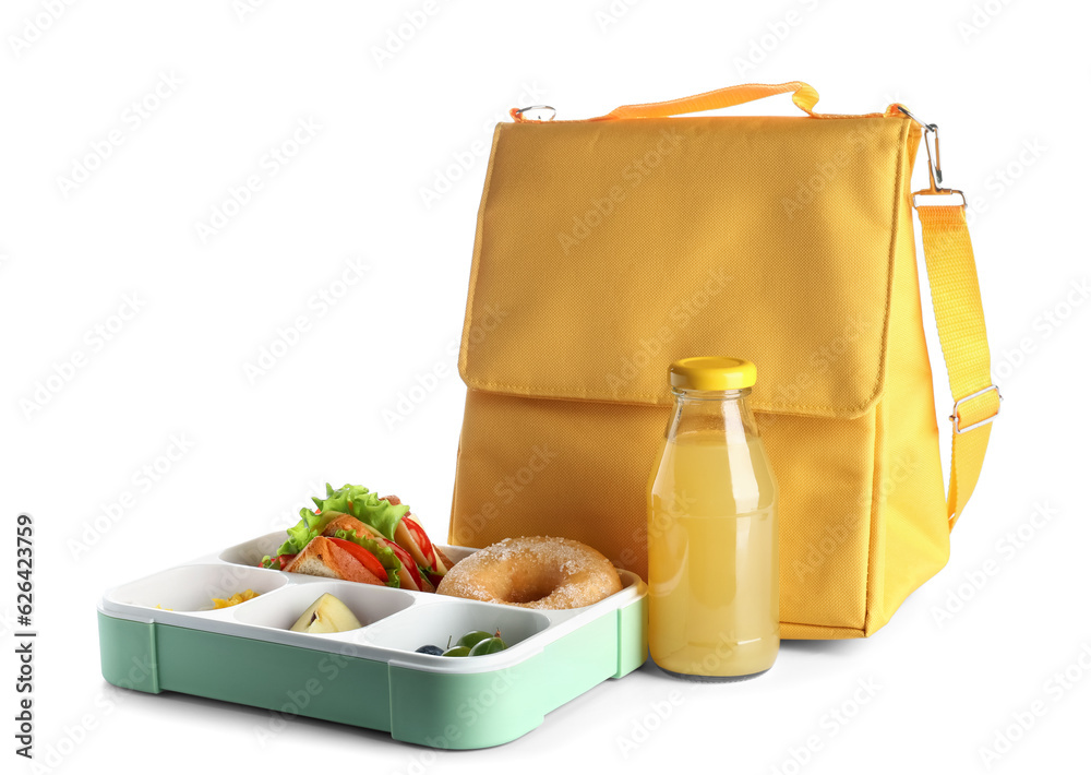 Backpack, bottle of juice and lunchbox with yummy food isolated on white background