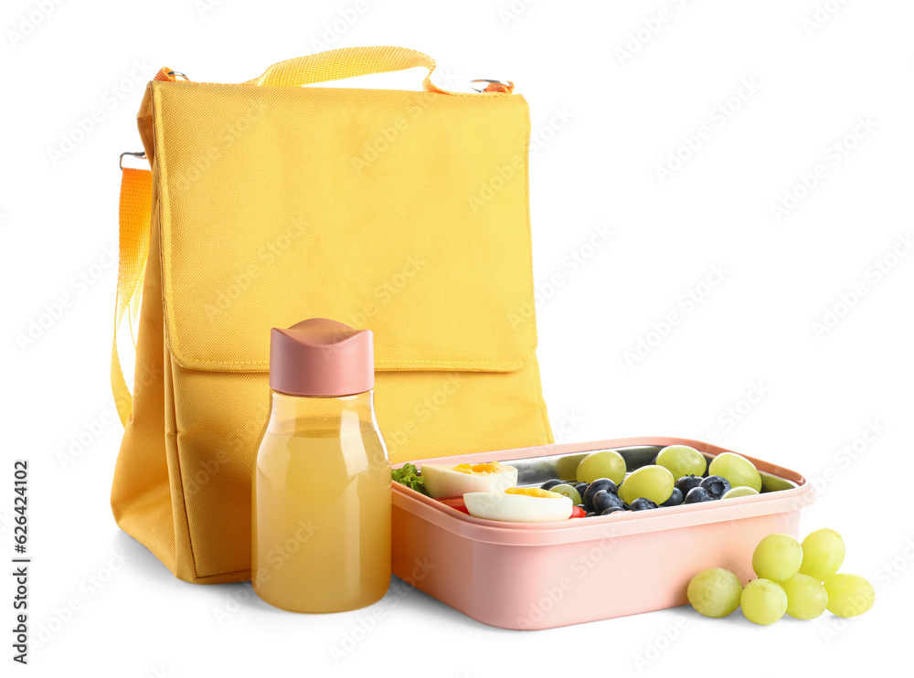 Backpack, bottle of juice and lunchbox with delicious food isolated on white background