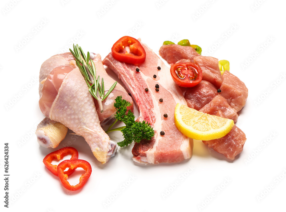 Composition with different raw meat and spices on white background