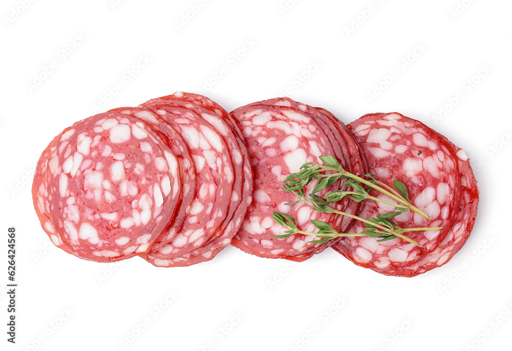 Slices of tasty salami on white background