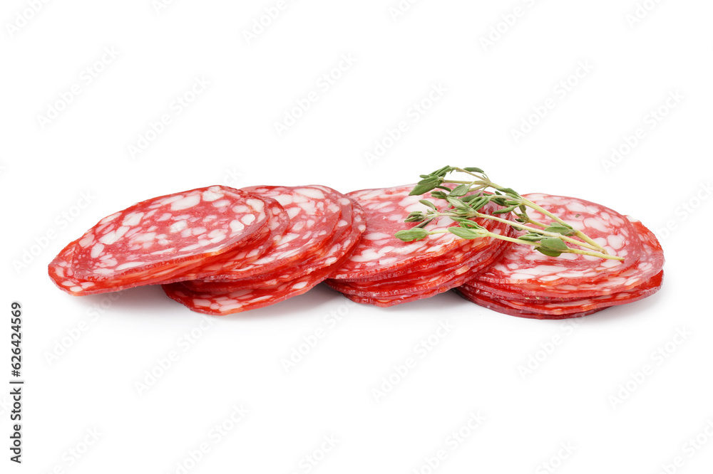 Slices of tasty salami on white background