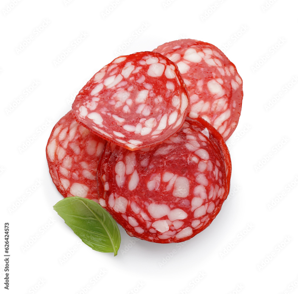 Slices of tasty salami on white background