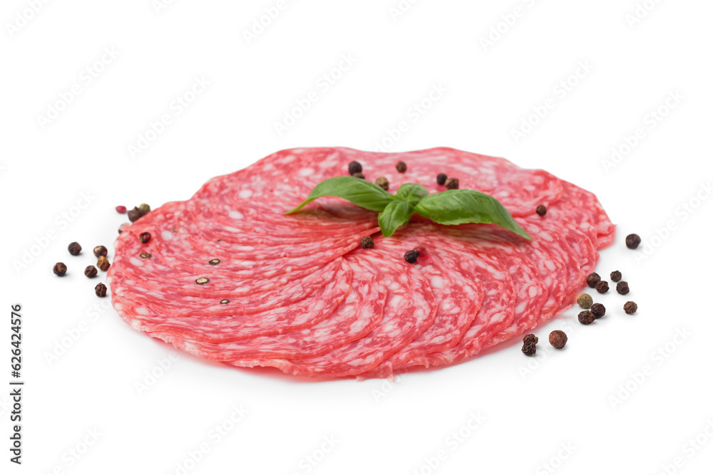 Slices of tasty salami on white background