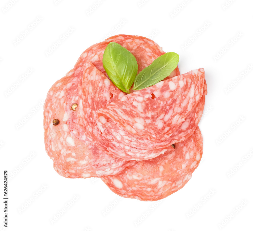 Slices of tasty salami on white background