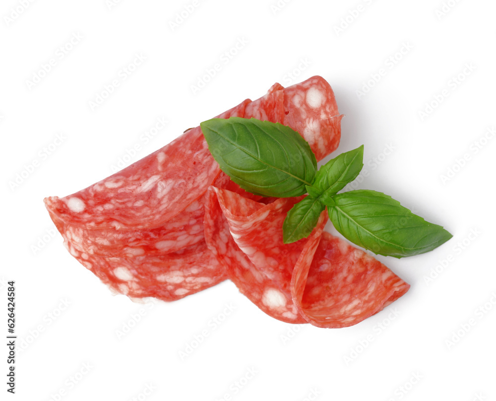 Slices of tasty salami on white background