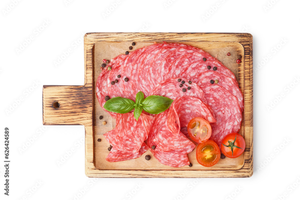 Wooden board with slices of tasty salami on white background