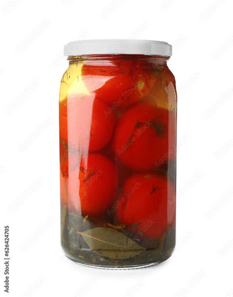 Jar with canned tomatoes on white background