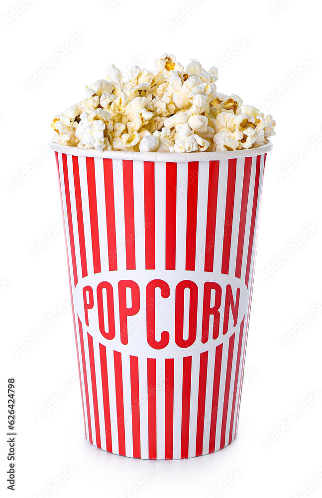 Bucket with tasty popcorn on white background