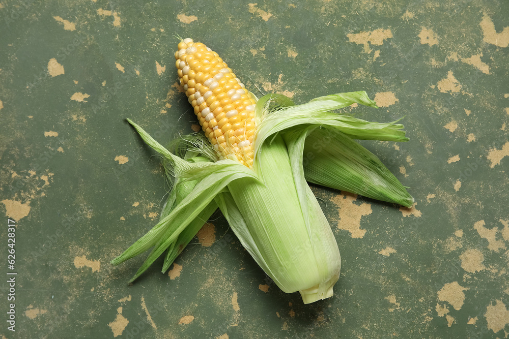 Fresh corn cob on green background