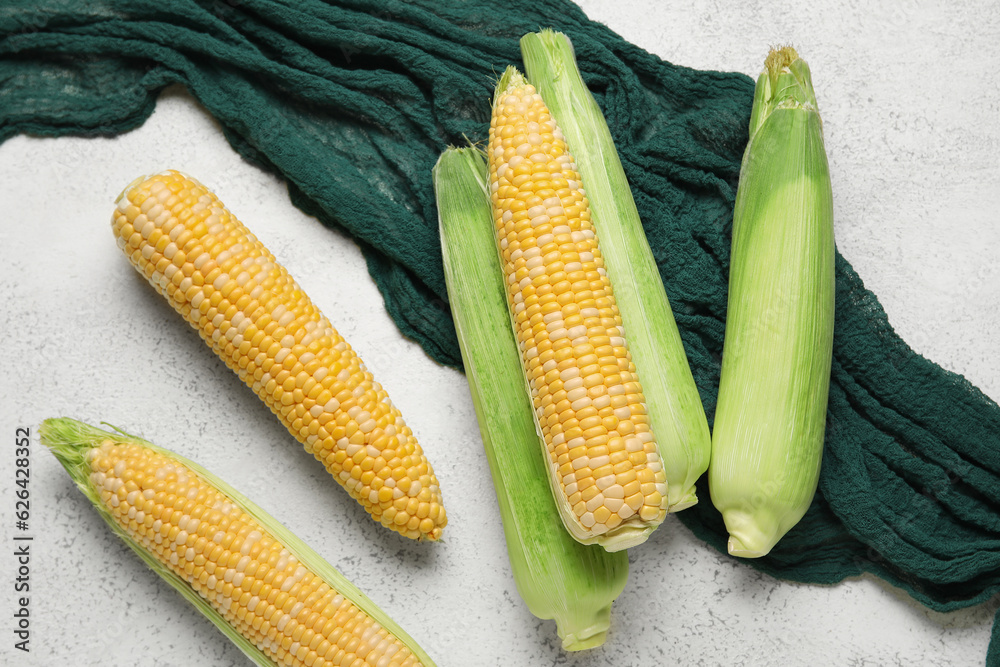 Fresh corn cobs on light background