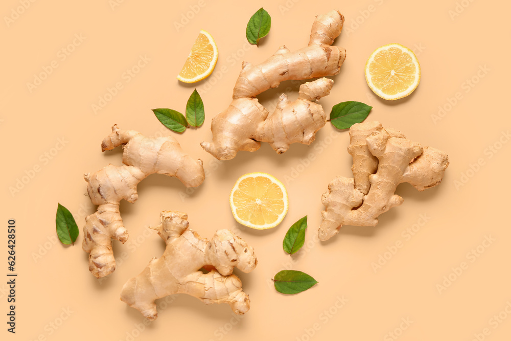 Fresh ginger roots with slices of lemon and leaves on orange background