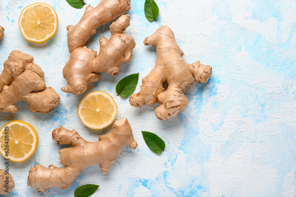 Fresh ginger roots with slices of lemon and leaves on light blue background