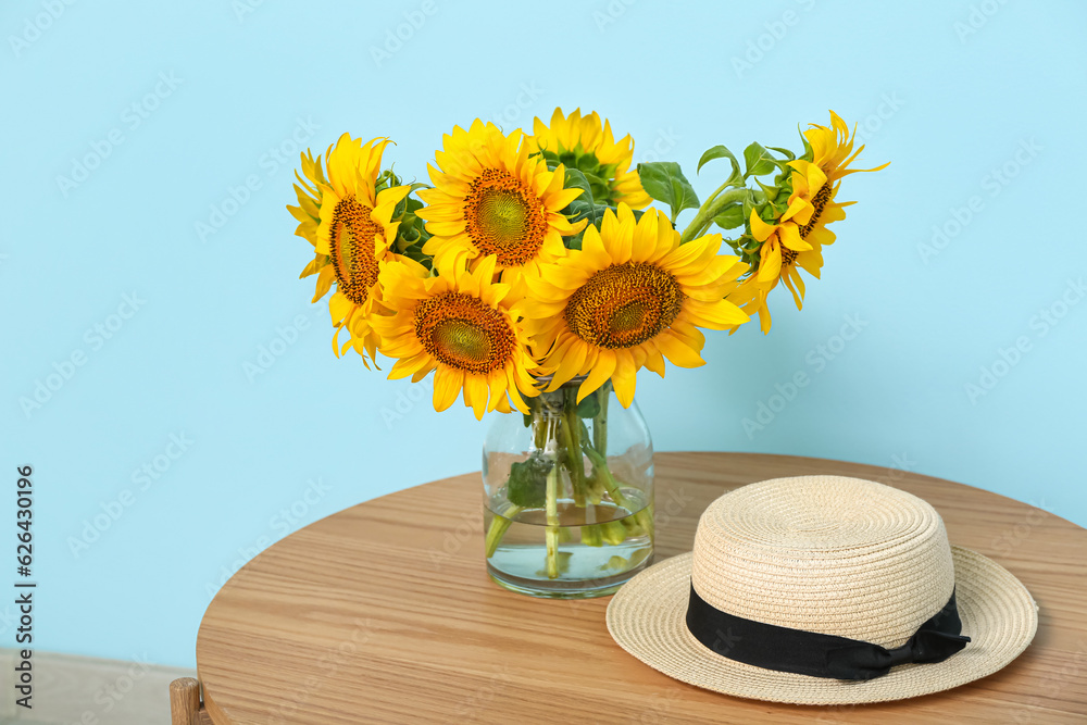 Vase with beautiful sunflowers and hat on table near blue wall in room, closeup