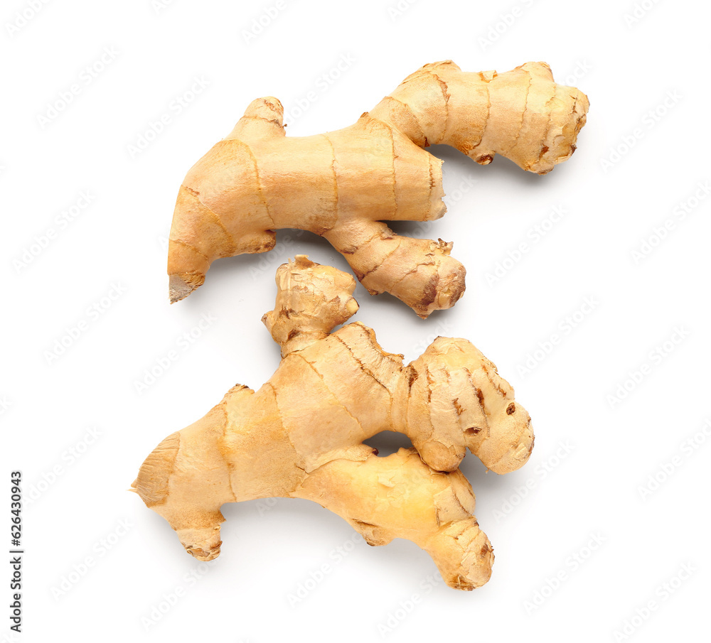 Fresh ginger roots on white background