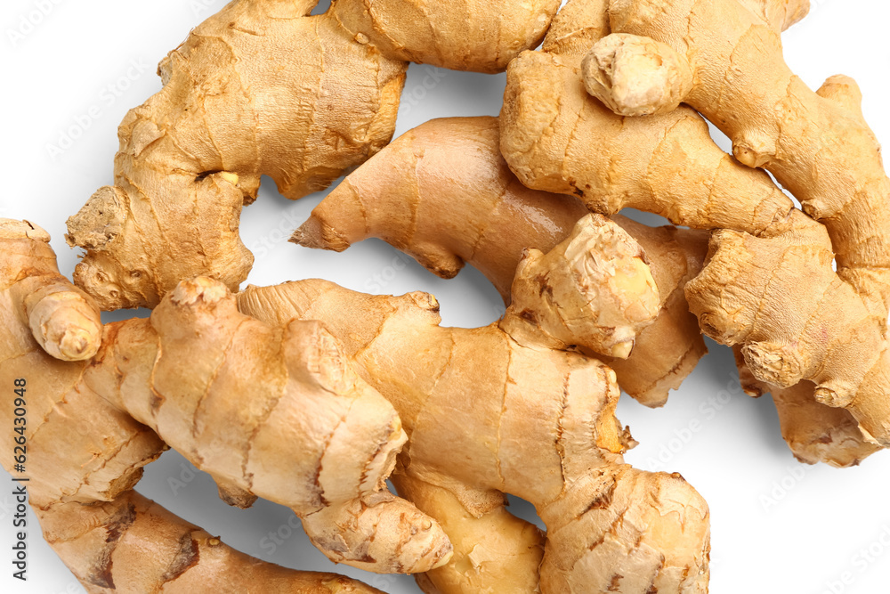 Fresh ginger roots on white background