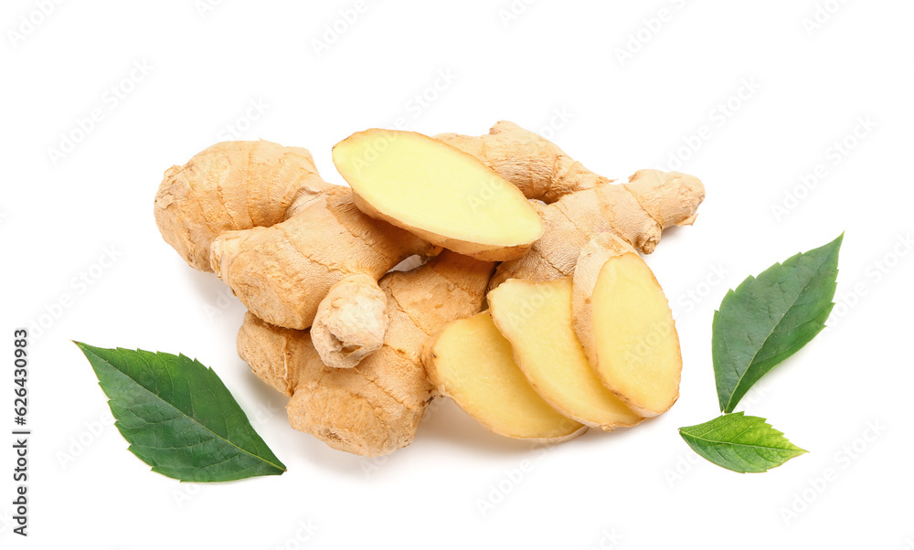 Fresh ginger root and leaves on white background