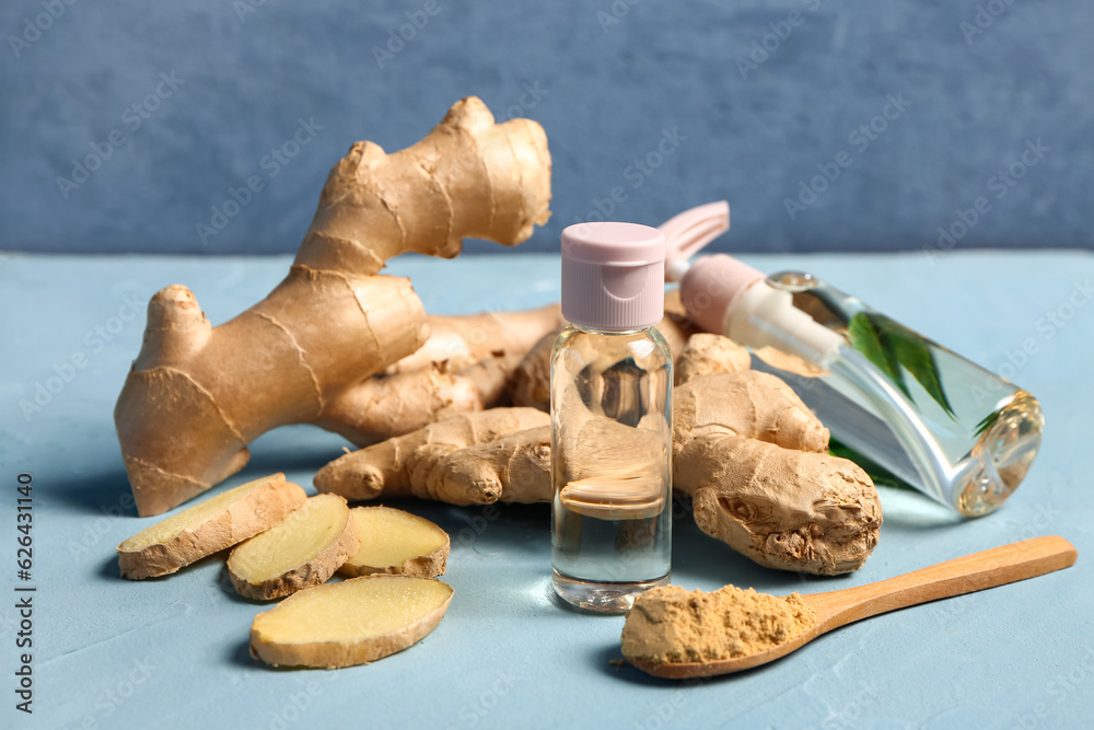 Bottles of ginger cosmetic oil and wooden spoon with dried powder on blue background