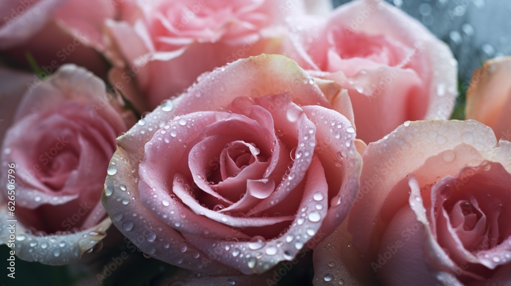 Pink Roses flowers with water drops background. Closeup of blossom with glistening droplets. Generat