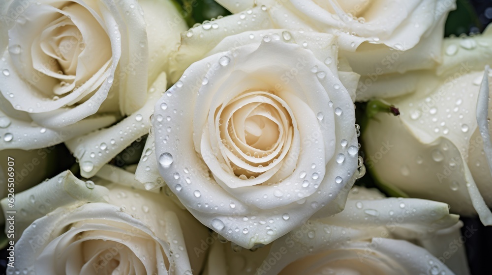 White Roses flowers with water drops background. Closeup of blossom with glistening droplets. Genera