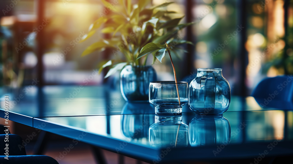 Modern minimalist corporate conference room with glass table in blue shades. Generative AI