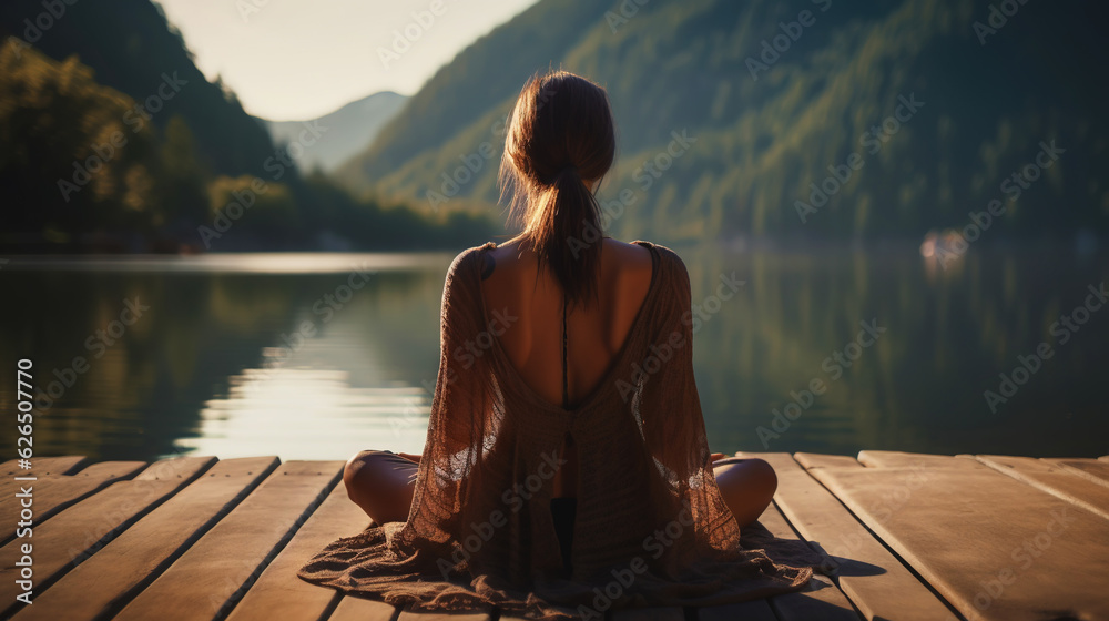 Young girl practice yoga on wooden pier with a view on lake and beautiful landscape. Generative AI