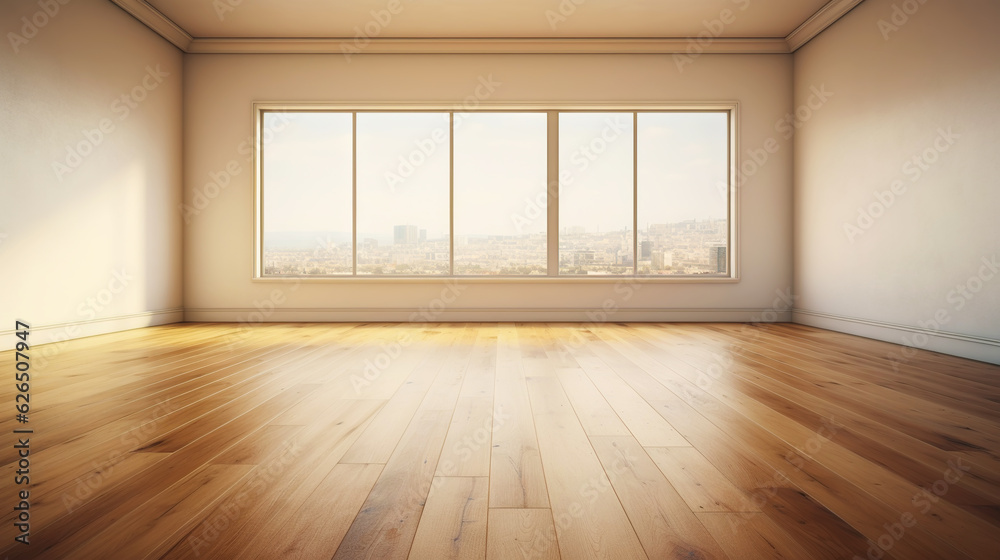 Beige wall empty apartment room with wooden floor. Copy space for product placement. Generative AI