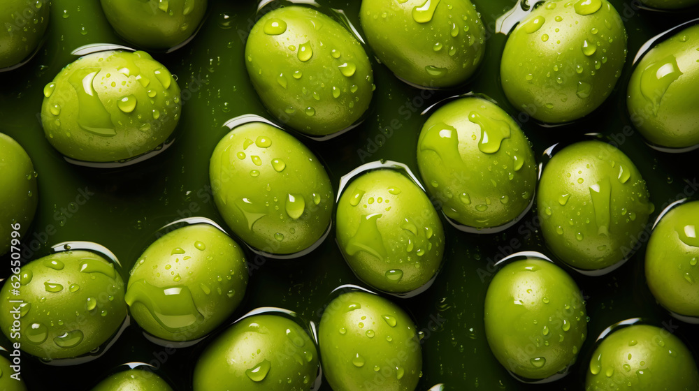 Fresh green olives with water drops background. Vegetables backdrop. Generative AI