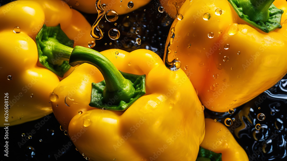 Fresh yellow bell peppers with water drops background. Vegetables backdrop. Generative AI