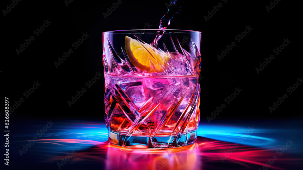 Glass of cocktail in hypnotic neon light. Colorful rave party drink. Generative AI