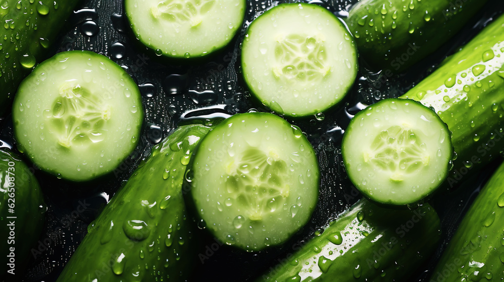 Fresh green cucumber slices with water drops background. Vegetables backdrop. Generative AI