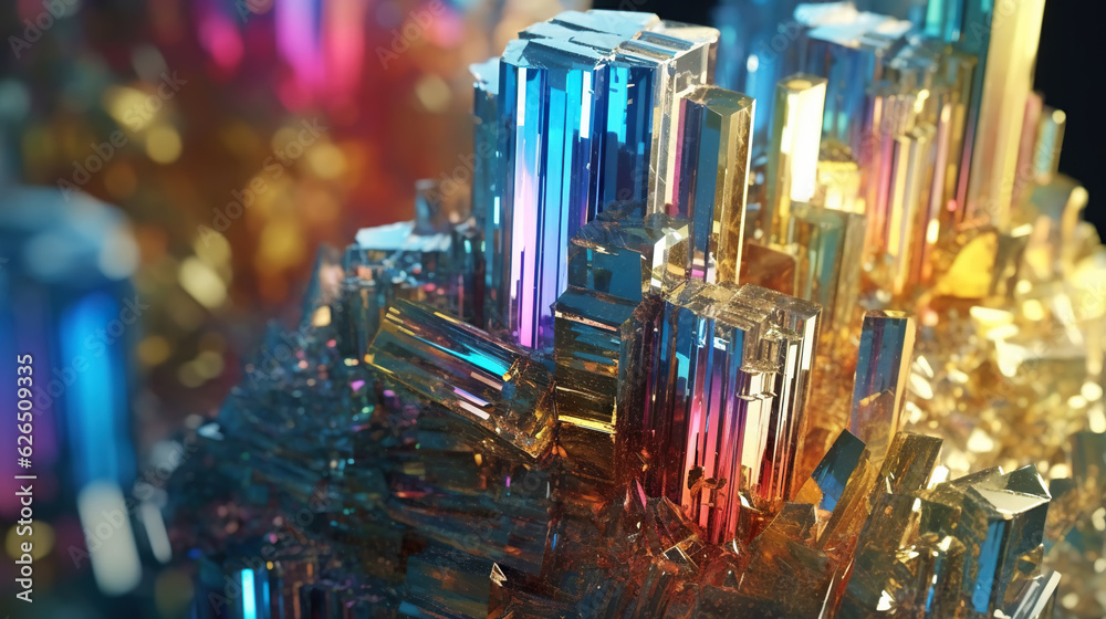 Amazing bright and shiny Bismuth crystal cluster background. Jewel mineral detailed macro. Generativ