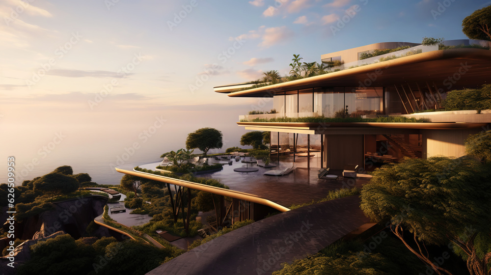 Luxury contemporaty villa on a mountain hill with a view on ocean. Generative AI