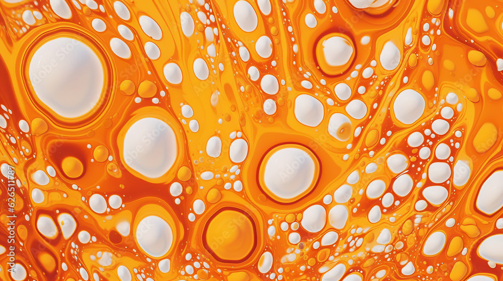 Abstract white paint drops mixed in orange oil background. Non-mixing fluids pattern. Generative AI