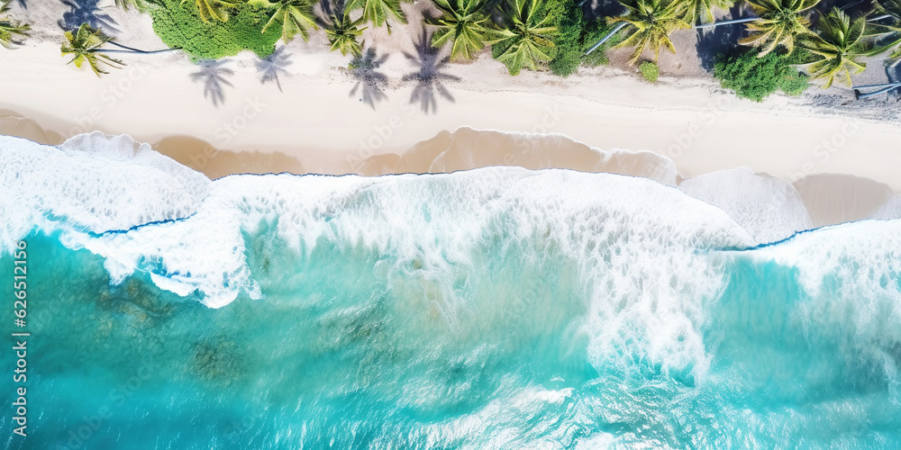 Aerial top view on sand ocean beach with palm trees. Summer vacation paradise concept. Generative AI