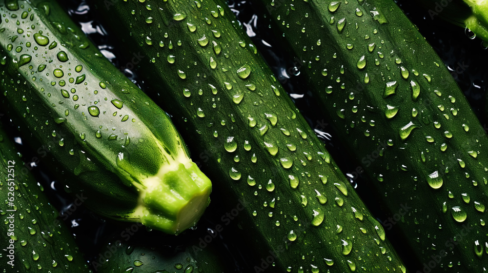 Freshgreen zucchini or courgettes with water drops background. Vegetables backdrop. Generative AI