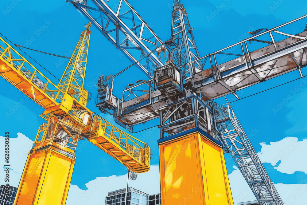 Yellow Building Construction Cranes on a Blue Sky Background. Generative AI