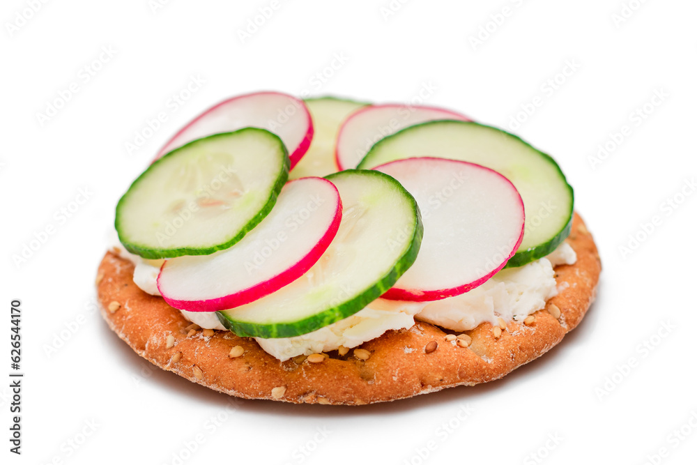 Crispy Cracker Sandwich with Cream Cheese, Fresh Cucumber and Radish - Isolated on White