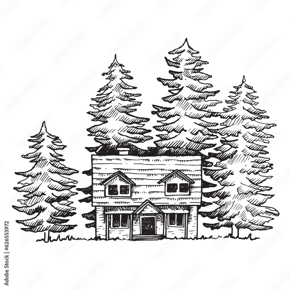 vector drawing in sketch style, house in the woods. old wooden house on the background of fir trees