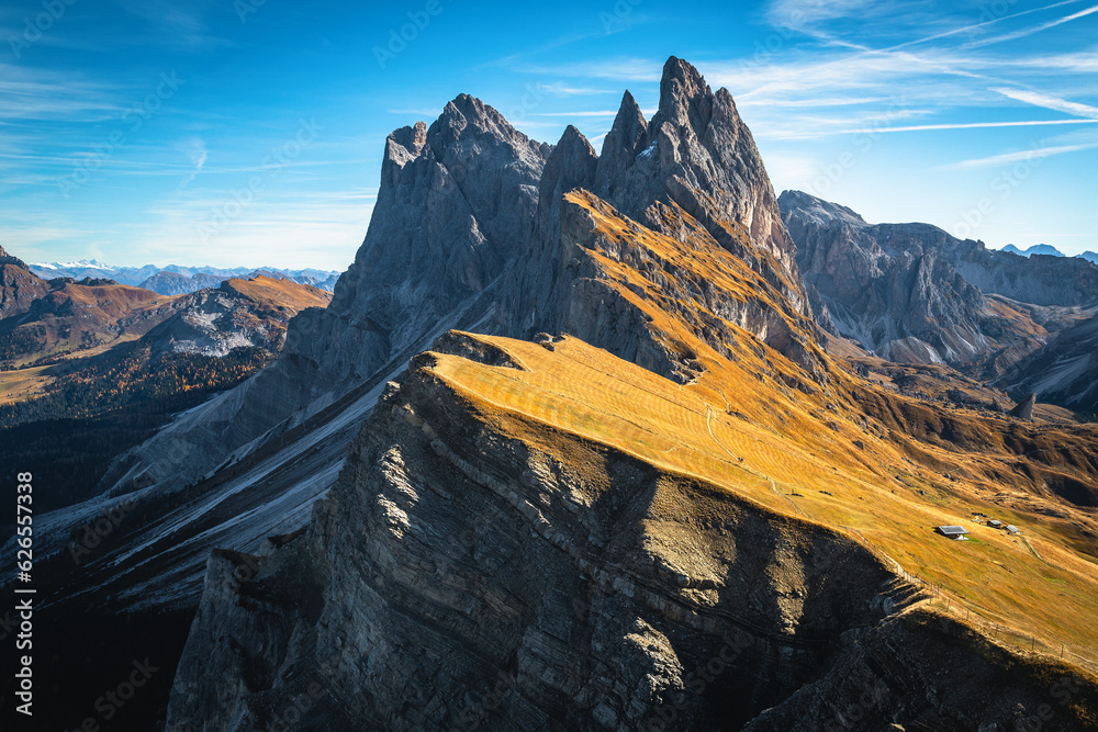 Beautiful mountain ridge view at autumn, Seceda, Dolomites, Italy