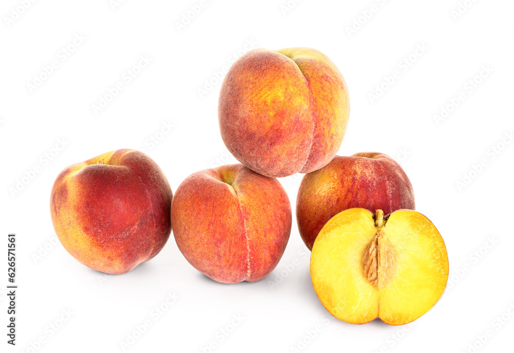 Sweet peaches on white background