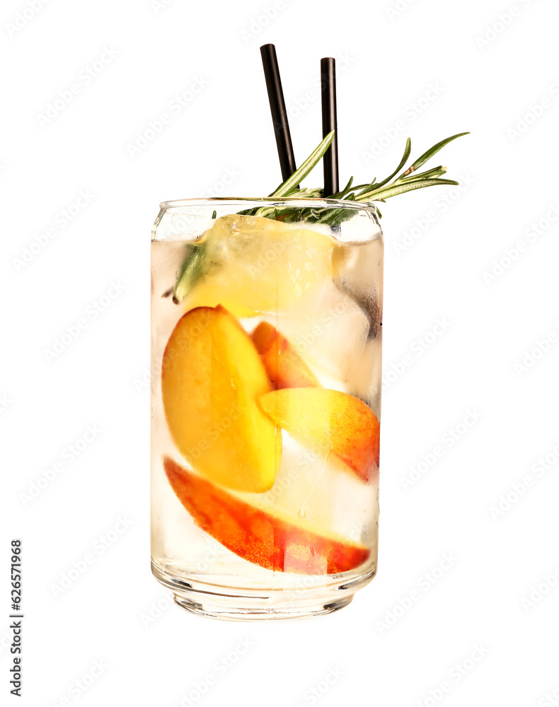 Glass of fresh peach lemonade with rosemary on white background