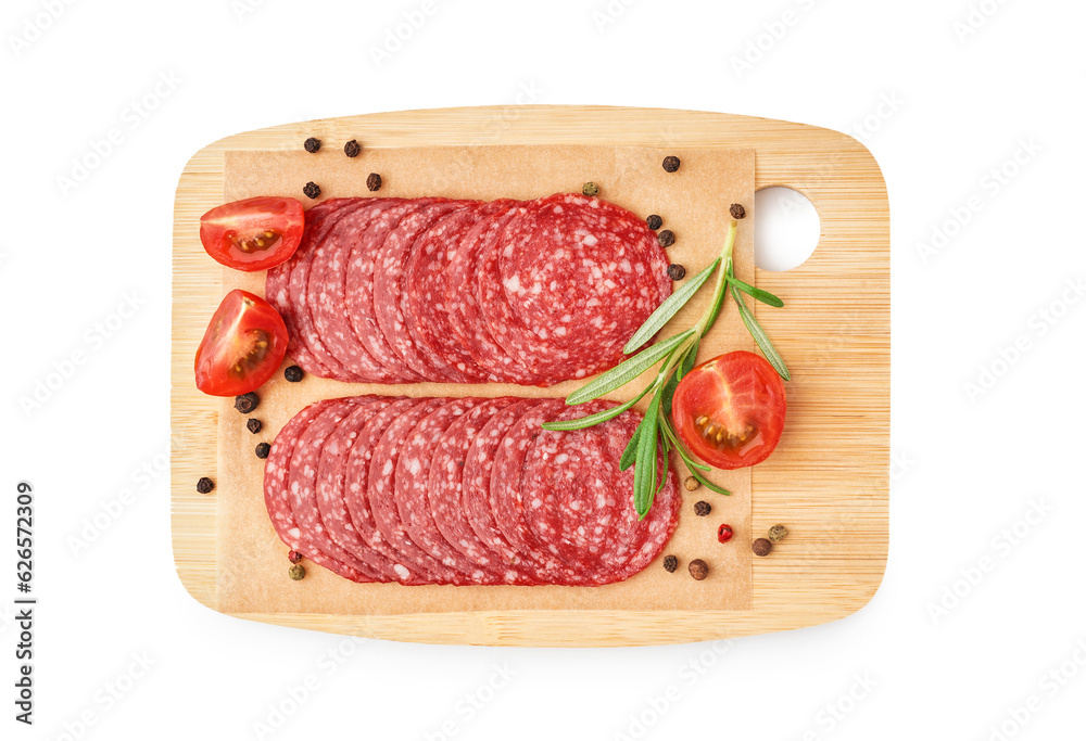 Wooden board with slices of tasty salami isolated on white background