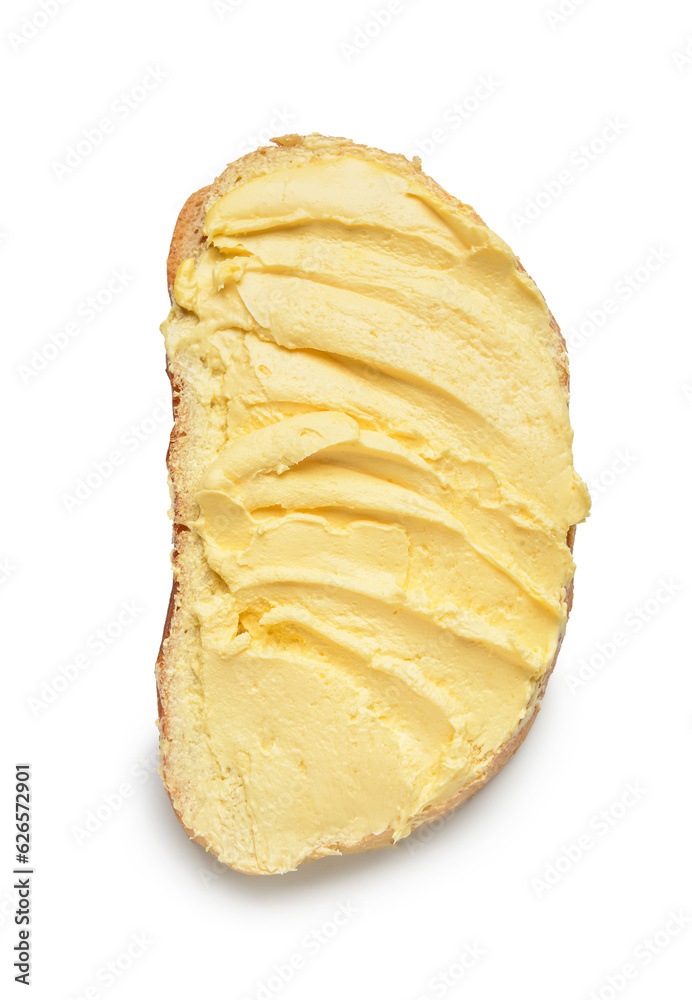 Tasty toast with butter on white background