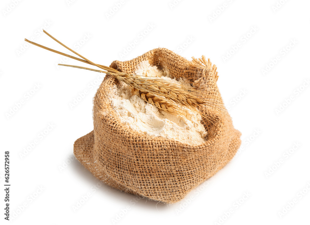 Sack bag with flour and wheat ears on white background