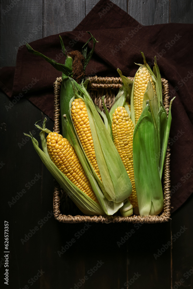 Wicker basket with fresh corn cobs on black wooden background