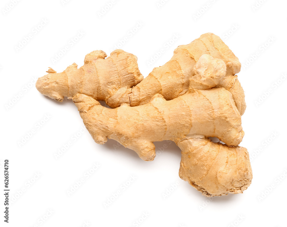 Fresh ginger root on white background