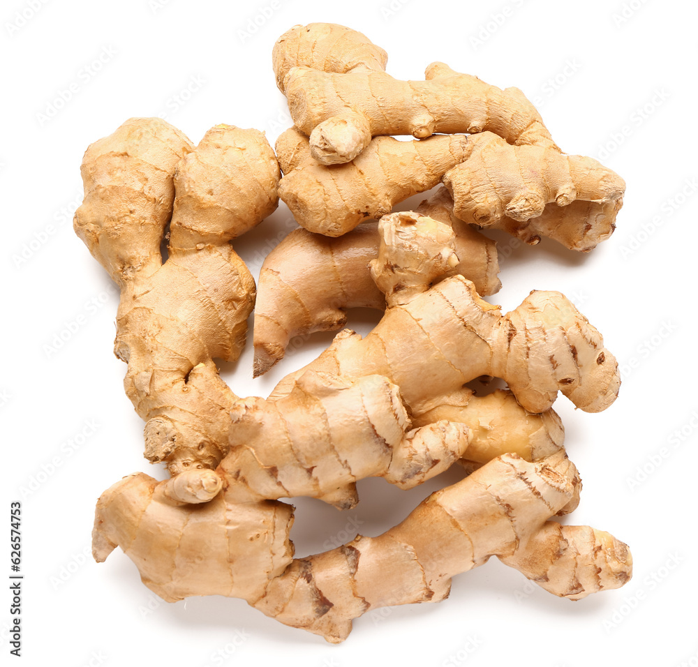 Fresh ginger roots on white background